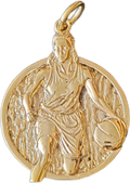 Women's Basketball MVP Pendant – stainless steel circular frame with gold-tone female basketball player dribbling