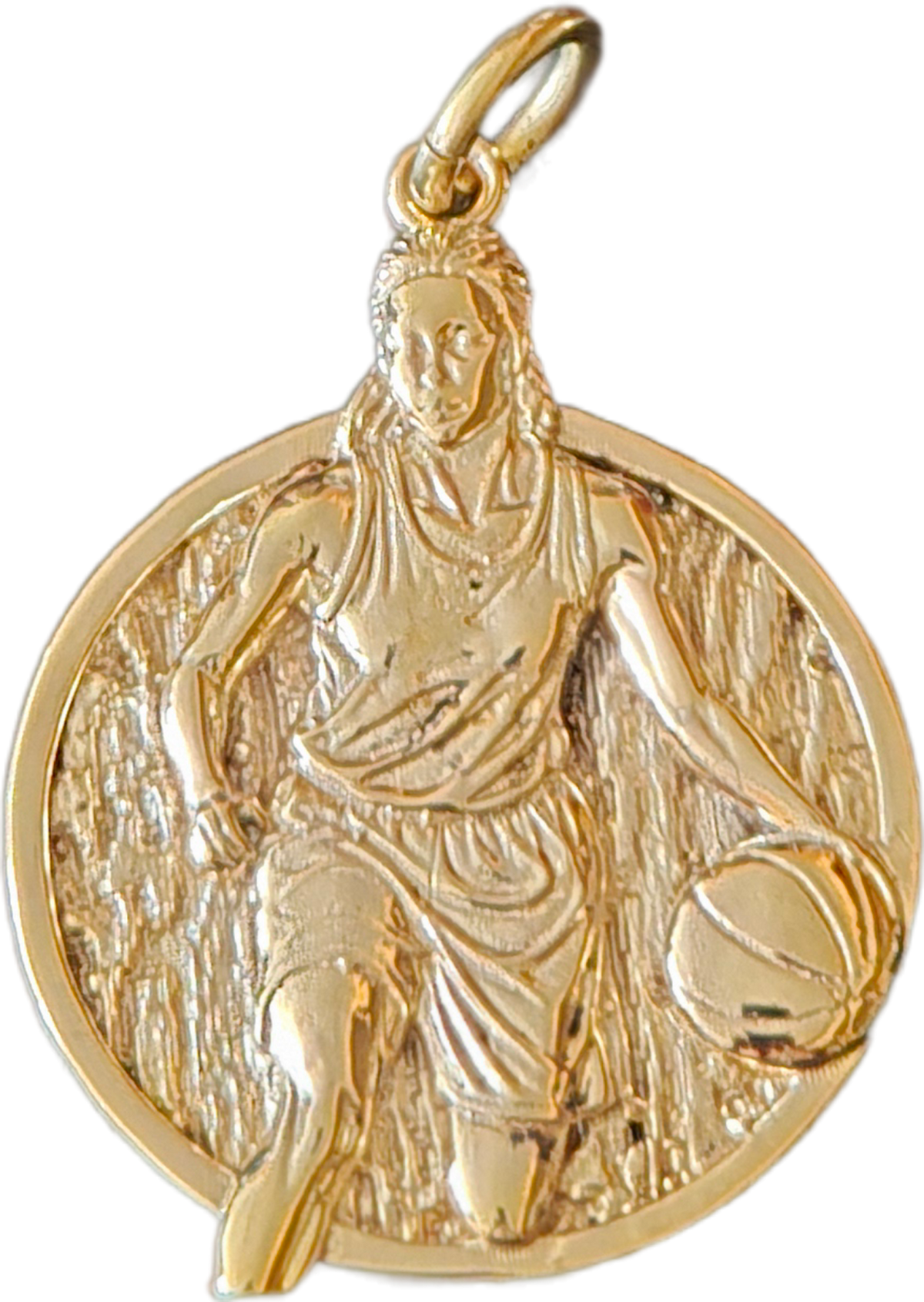 Women's Basketball MVP Pendant – stainless steel circular frame with gold-tone female basketball player dribbling