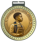 Men's 5 inch Academic Excellence Award Medal – young Black scholar in graduation regalia holding Leadership and Excellence books