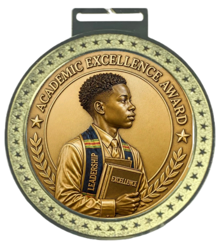 Men's 5 inch Academic Excellence Award Medal – young Black scholar in graduation regalia holding Leadership and Excellence books