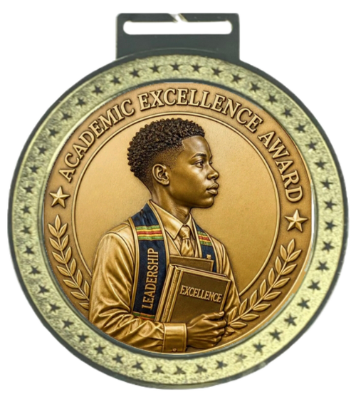 Men's 5 inch Academic Excellence Award Medal – young Black scholar in graduation regalia holding Leadership and Excellence books