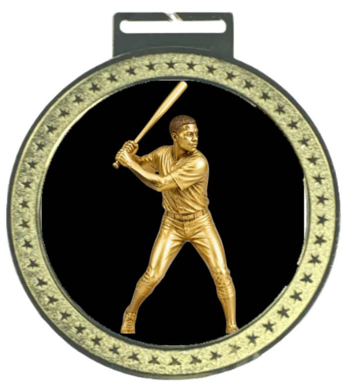Men's 5 inch Baseball Medal – gold star-border design with male batter figure on black background