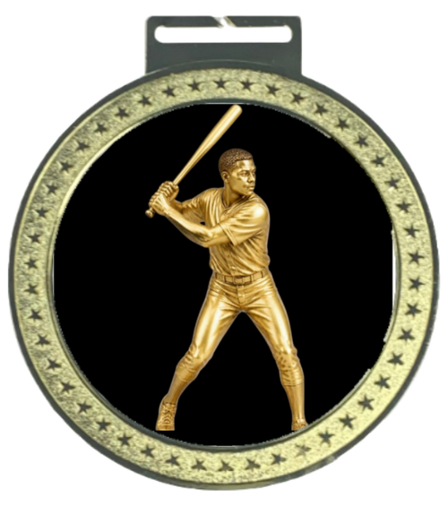 Men's 5 inch Baseball Medal – gold star-border design with male batter figure on black background