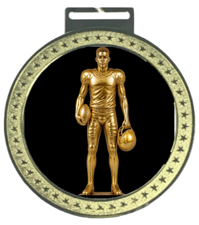 Men's 5 inch Football Medal – gold star-border design with male football player in full gear on black background