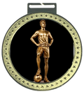 Men's 5 inch Soccer Medal – gold star-border design with soccer player figure on black background
