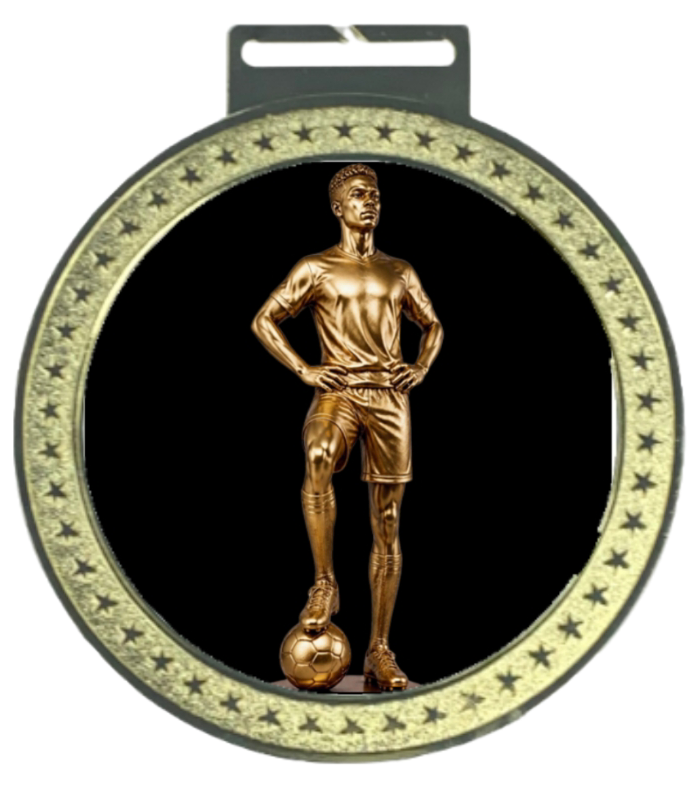 Men's 5 inch Soccer Medal – gold star-border design with soccer player figure on black background