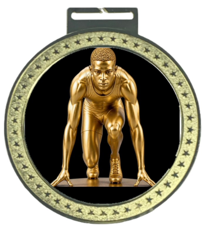 Men's 5 inch Track & Field Medal – gold star-border design with male sprinter in starting blocks on black background