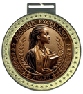 Women's 5 inch Academic Excellence Award Medal – young Black woman scholar in graduation regalia with braids holding books