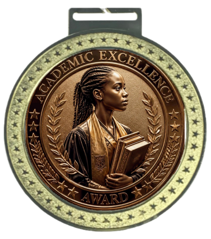 Women's 5 inch Academic Excellence Award Medal – young Black woman scholar in graduation regalia with braids holding books