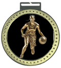 Women's 5 inch Basketball Medal – gold star-border design with female basketball player dribbling on black background