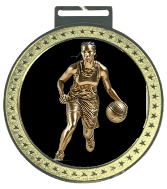 Women's 5 inch Basketball Medal – gold star-border design with female basketball player dribbling on black background
