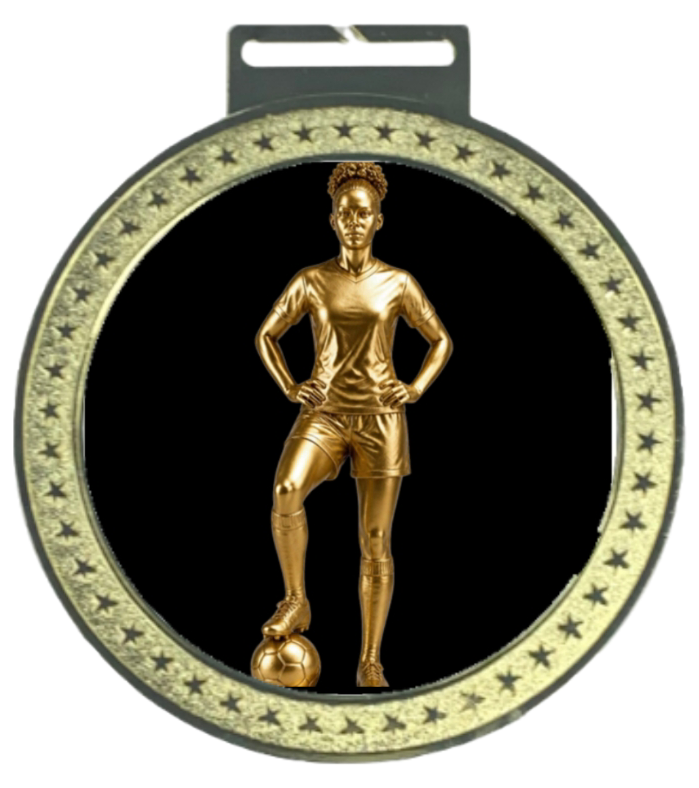 Women's 5 inch Soccer Medal – gold star-border design with female soccer player figure on black background