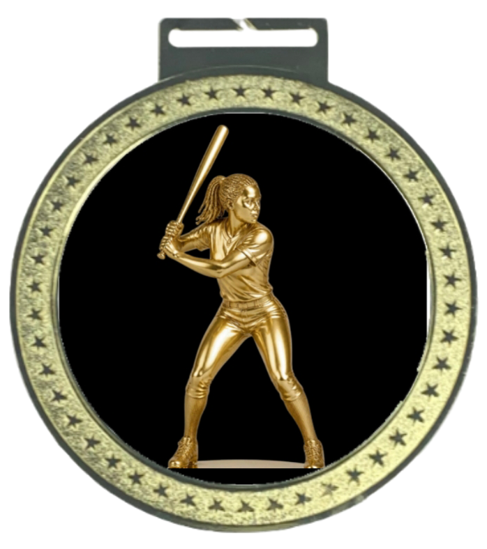 Women's 5 inch Softball Medal – gold star-border design with female batter figure on black background