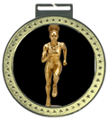 Women's 5 inch Track & Field Medal – gold star-border design with female runner in full stride on black background