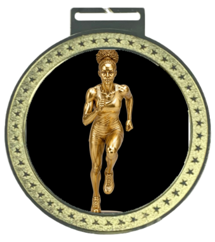 Women's 5 inch Track & Field Medal – gold star-border design with female runner in full stride on black background